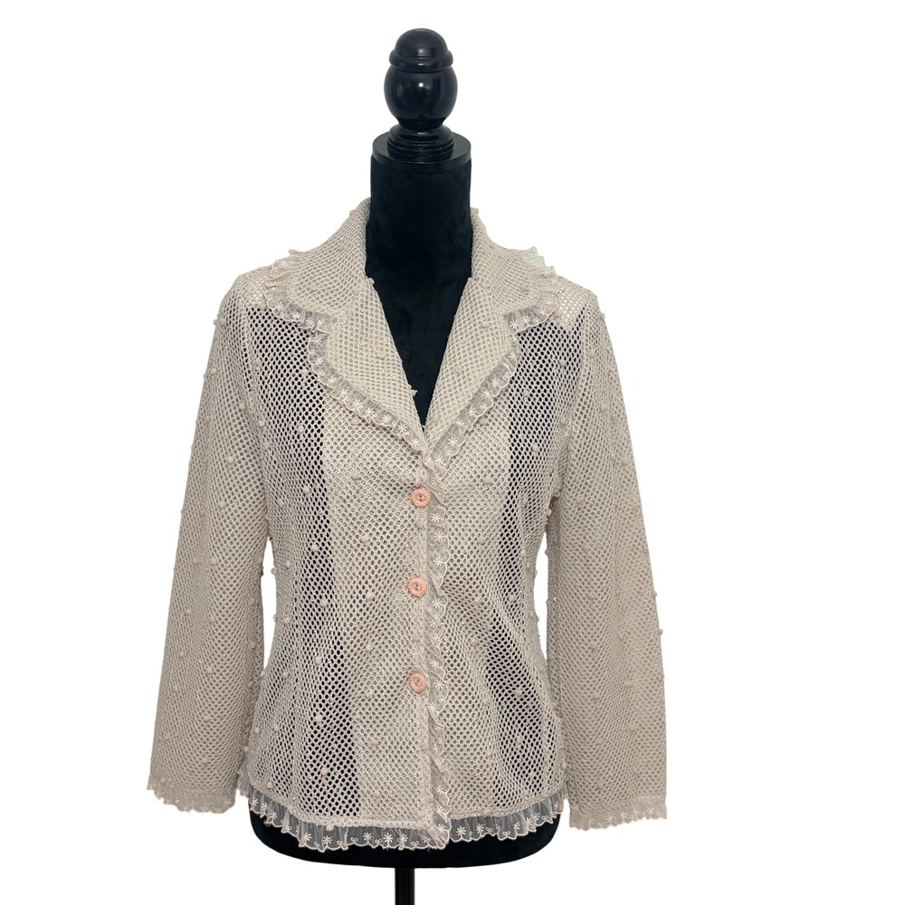 Vintage Cream Mesh Lace Coquette Sequin Bobble Knit Button Cardigan Shabby Chic